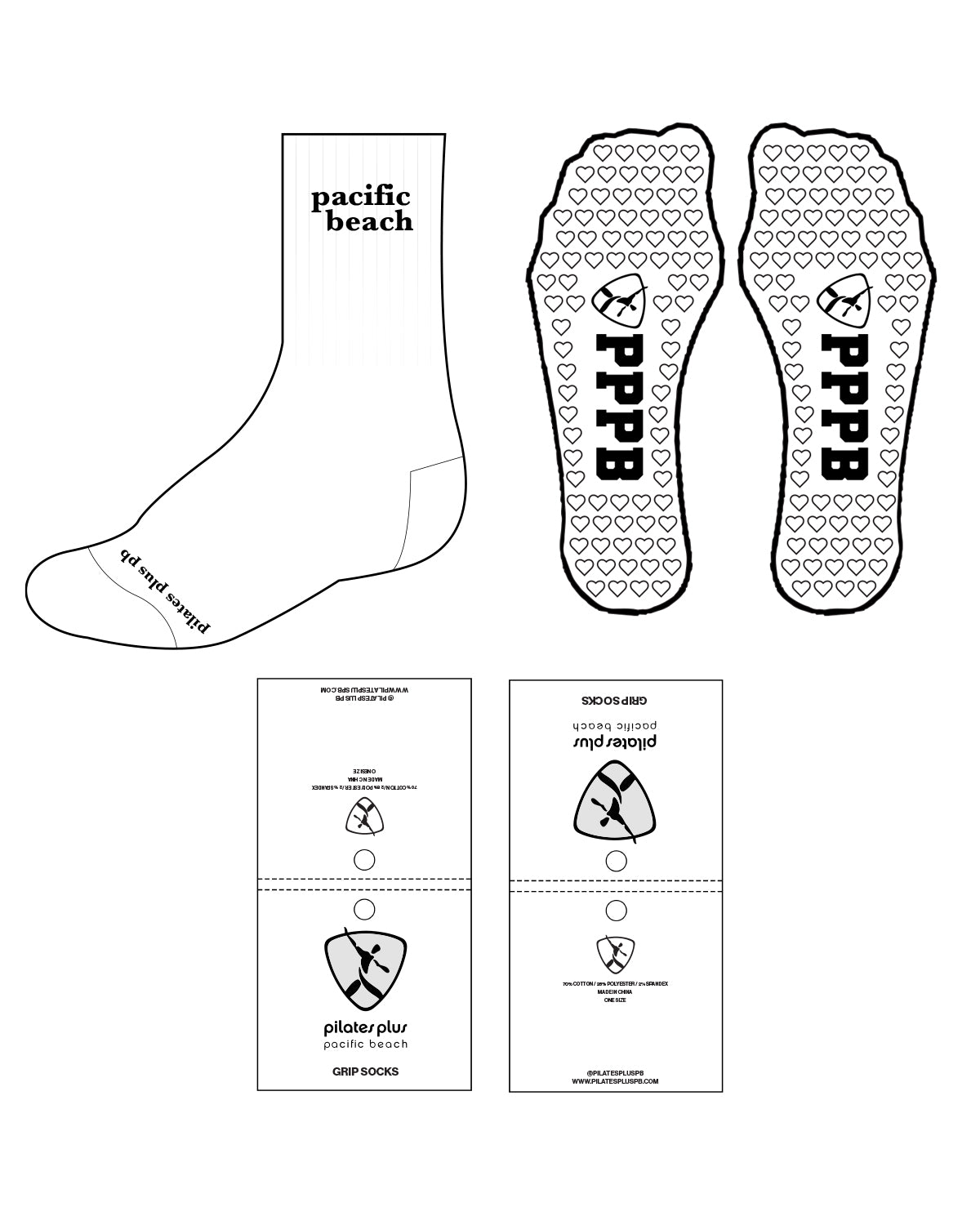 The Crew Grip Sock - Pilates Plus PB - White / Black - Cursive Text - Heart Grip