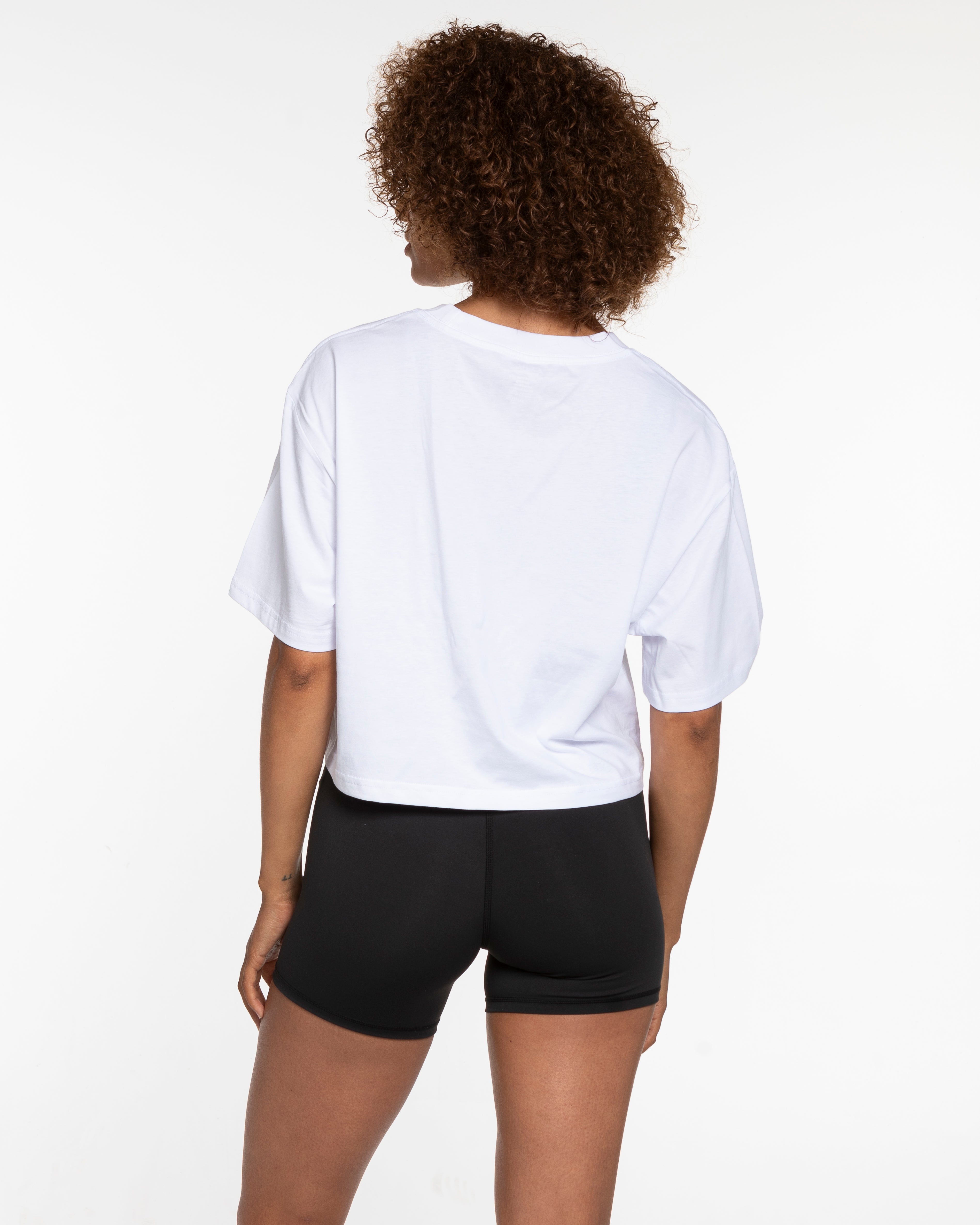 The Oversized Crop Tee - White - Gladden Gains - Center Chest Stacked - Grey