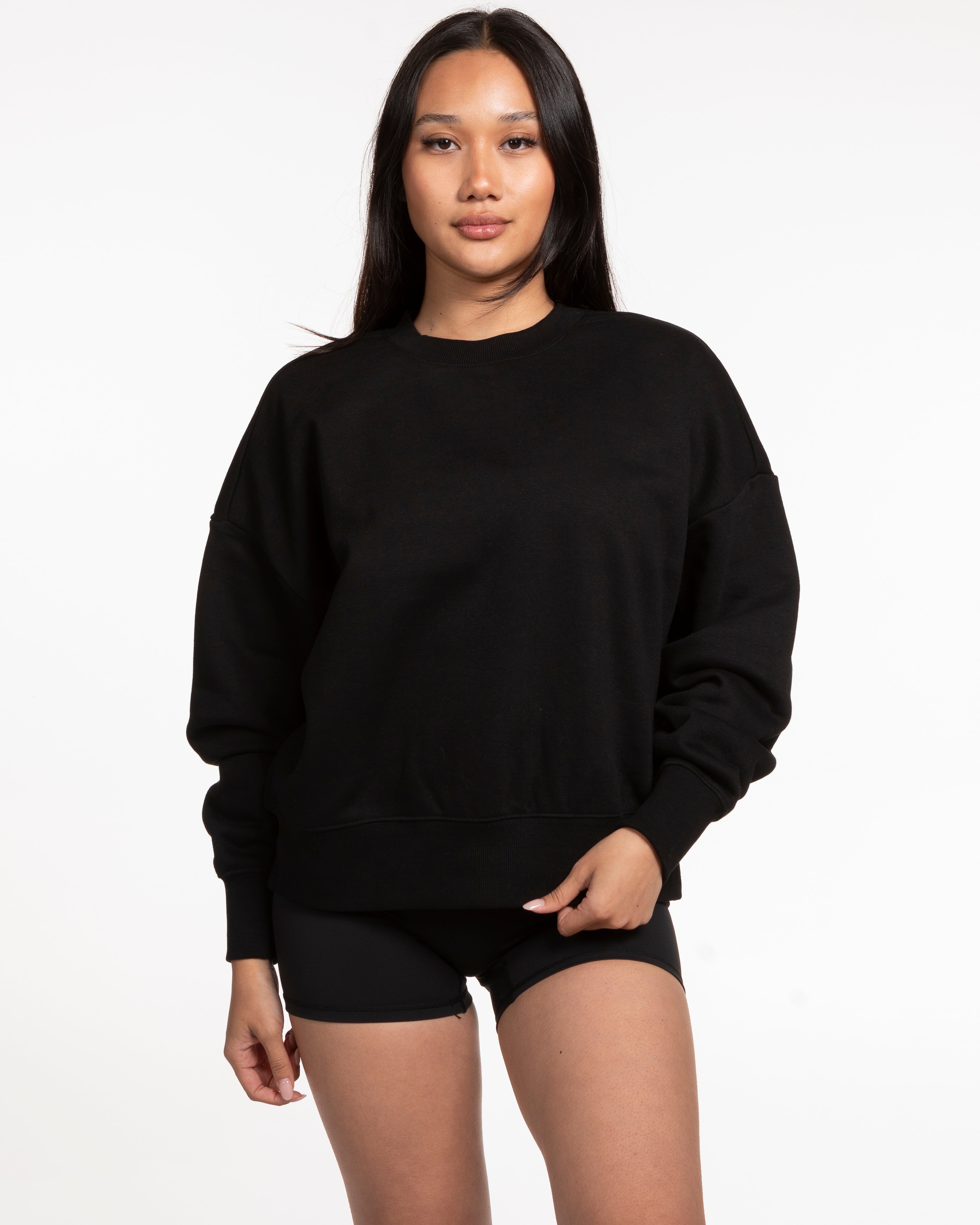 The Womens Heavy Crewneck - Black - Evolve Spa - Center Chest Stacked - Embroidered - Tone on Tone