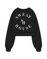 The Womens Crop Crewneck - Black - Sweathouse - Left Chest & Back Center Stacked - White